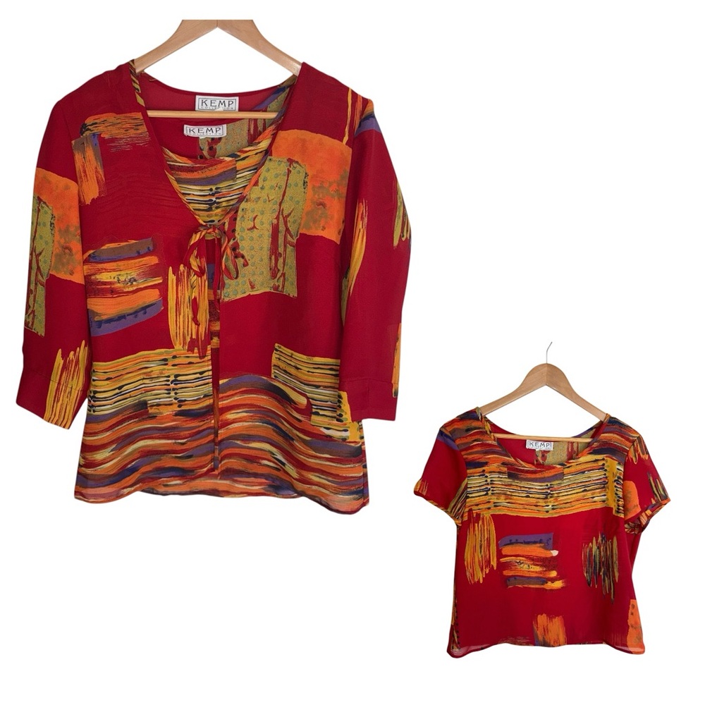 KEMP 2 Pc vintage blouse w/ cover up abstract print S/M